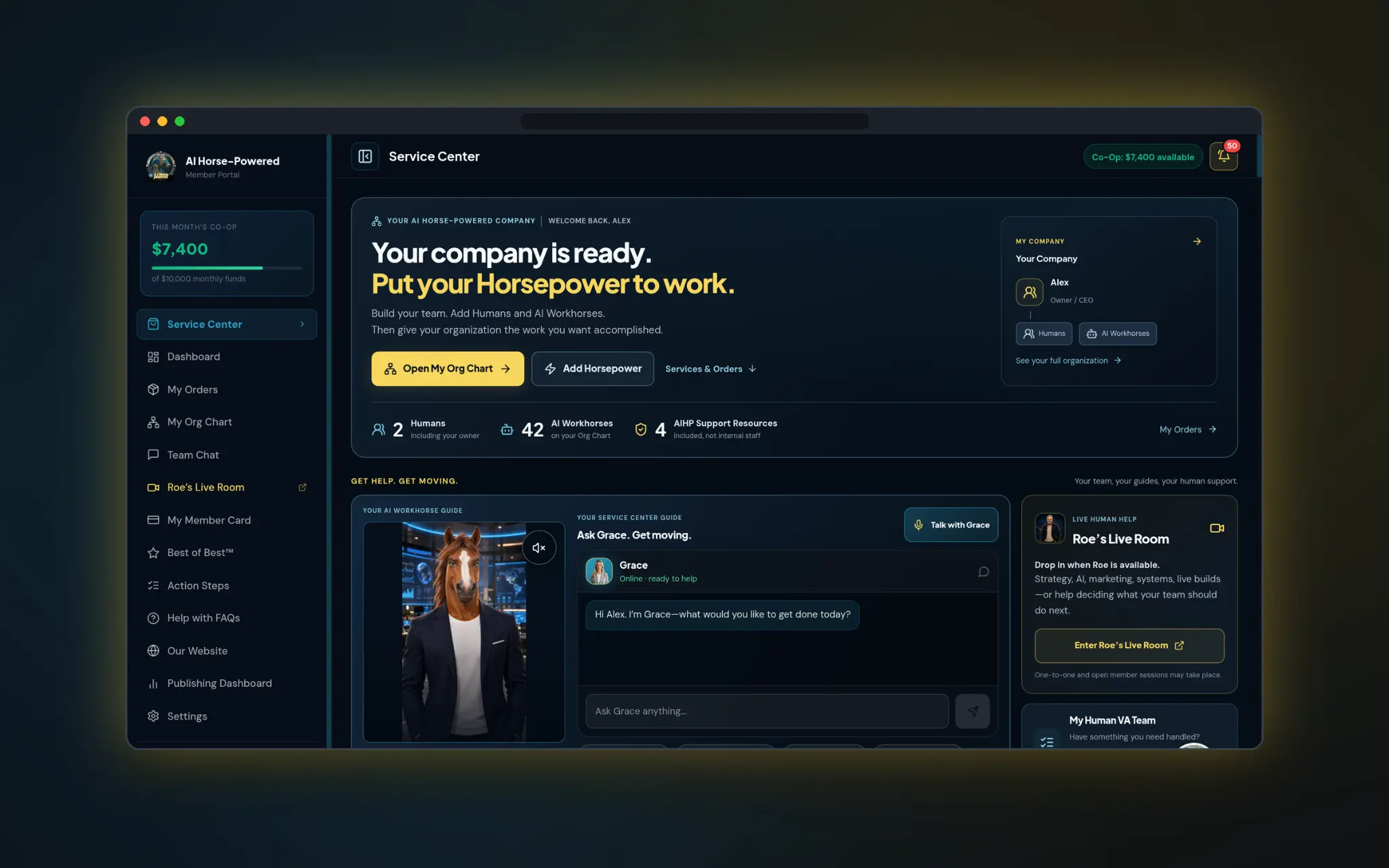 Illustrative Service Center for Alex showing Org Chart access, team totals, Grace and live human help; sample Co-Op balance is not a guaranteed member benefit
